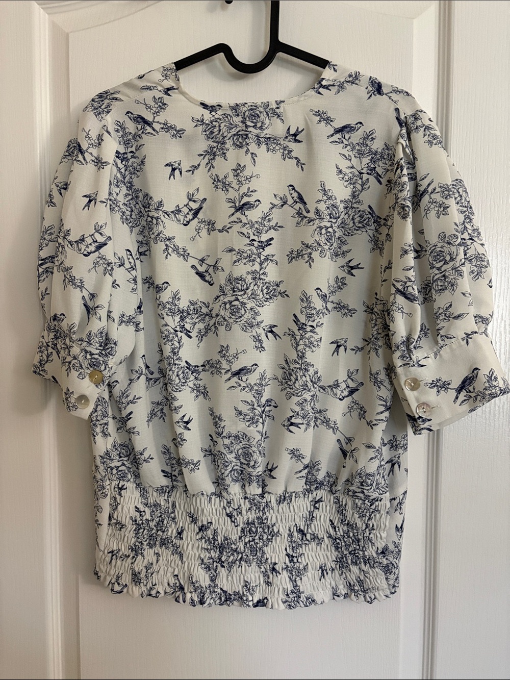 Sweet Rain White Navy Floral Twist-Front Blouse with Birds and Floral Scenery - Picture 8 of 8
